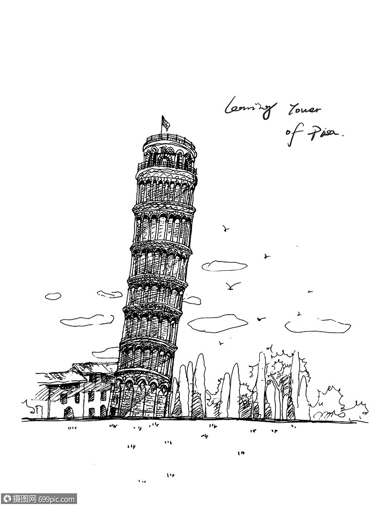 比萨斜塔速写手绘图片
