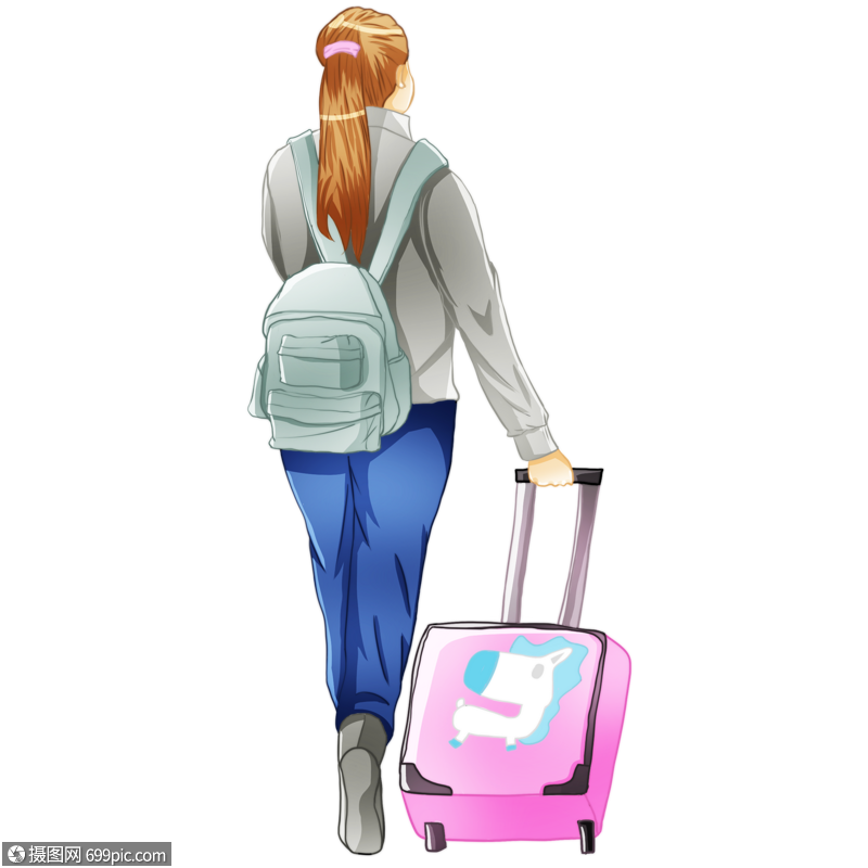 免抠元素 手绘/卡通元素 人物背影 拖着行李离开的背影.psd