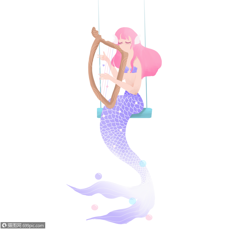 美人鱼弹竖琴坐秋千粉色紫色渐变手绘装饰图案