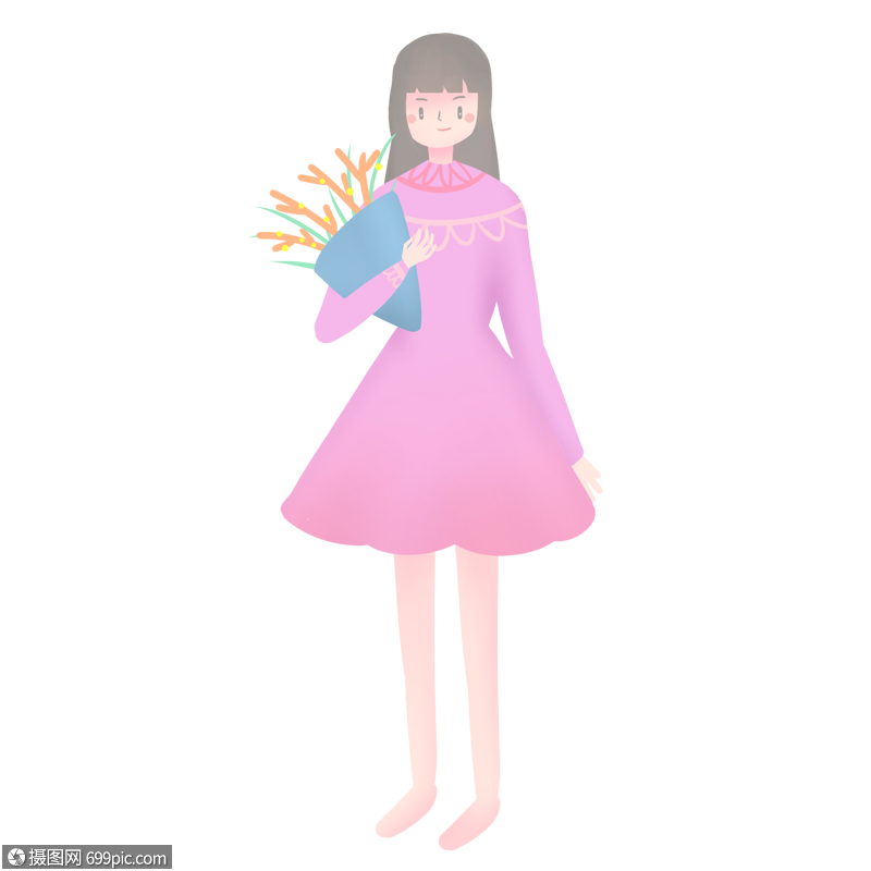 卡通手绘手捧鲜花的气质淑女
