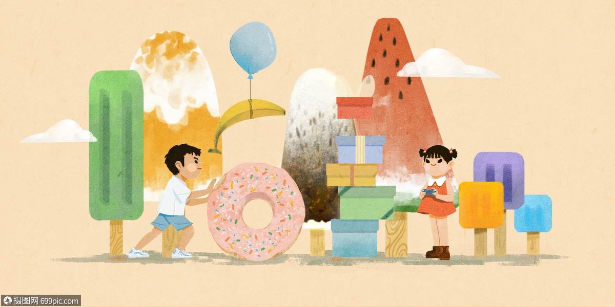 儿童节零食礼物扁平手绘温馨插画甜甜圈童真