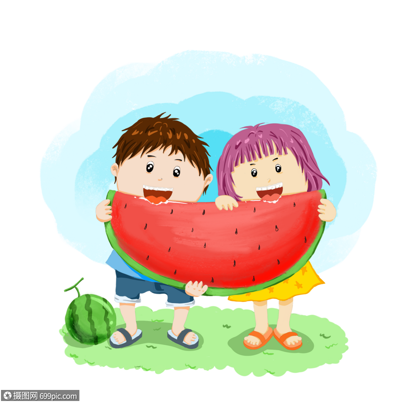 手绘/卡通元素 吃大西瓜的孩子.psd
