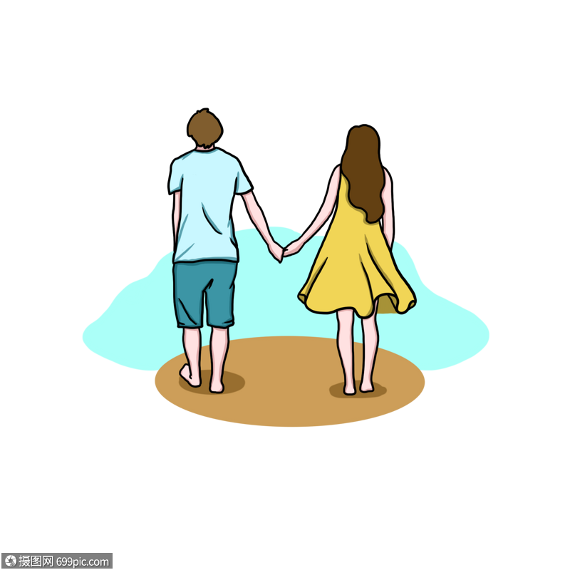 卡通手绘幸福情侣手牵手浪漫背影