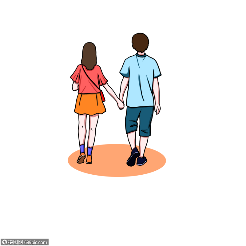卡通手绘幸福情侣手牵手浪漫背影