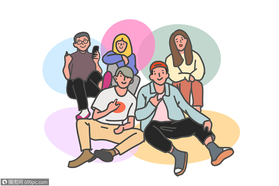 卡通矢量人物可爱团队致青春聚会