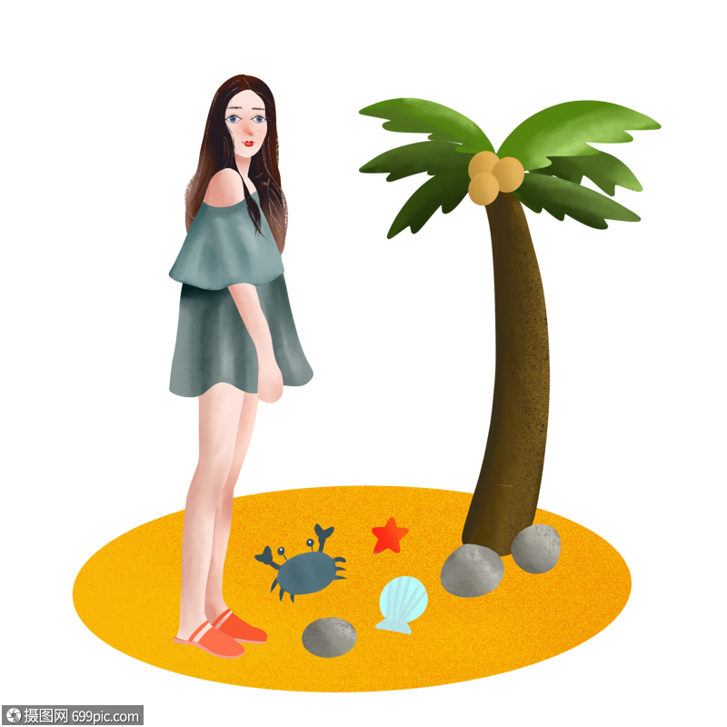 夏天海边沙滩上的姑娘椰子树贝壳