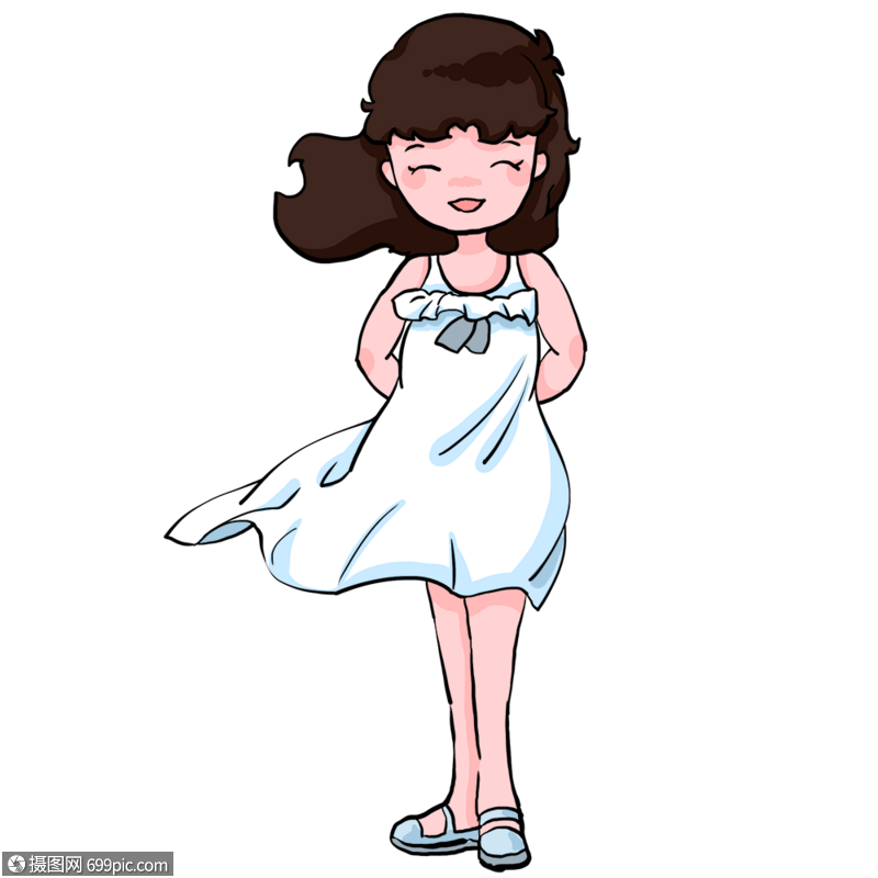 卡通手绘穿白色裙子的美丽女孩