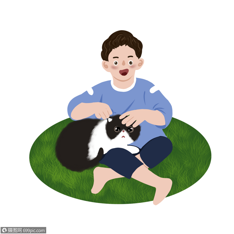 和猫咪玩耍的小男孩手绘png免抠素材