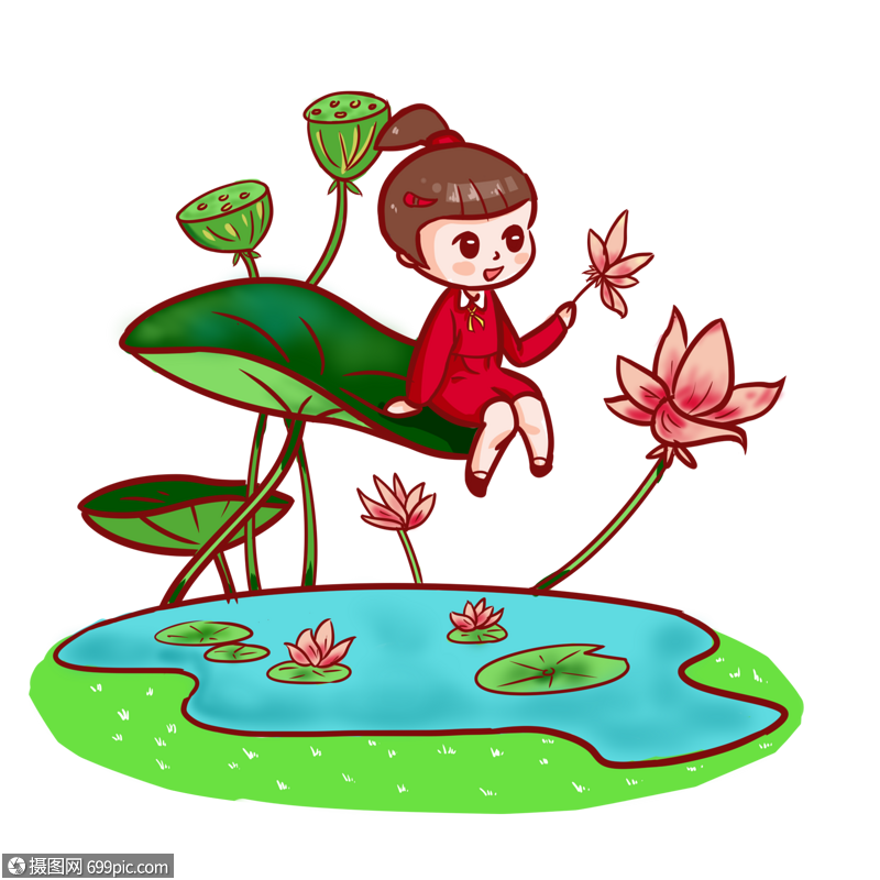 坐在荷叶上赏荷花的女孩