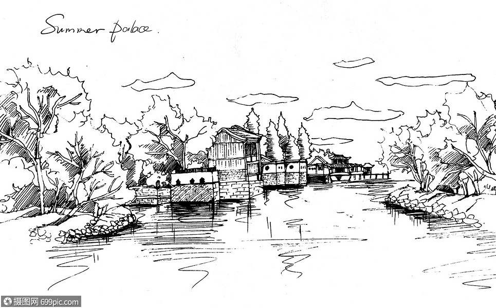 颐和园速写手绘高清图片素材