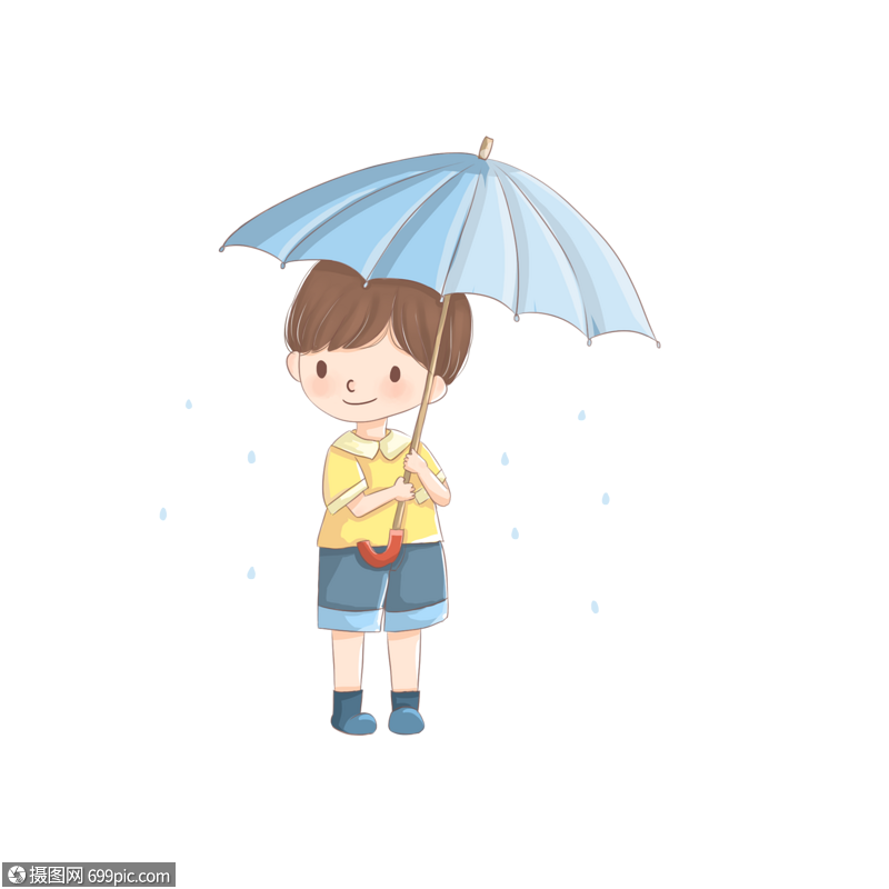 儿童节卡通手绘拿着蓝色雨伞站在雨中的小男孩