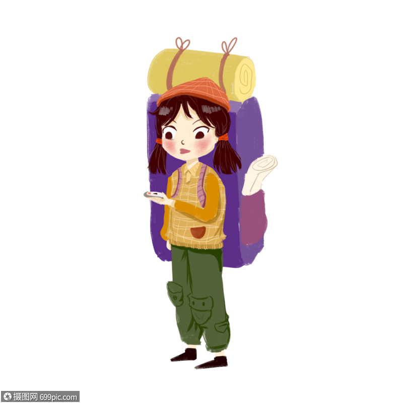 旅游女孩手绘蜡笔旅行小女孩