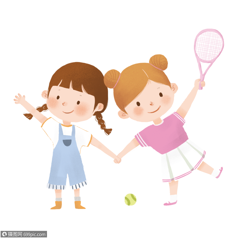 免抠元素 手绘/卡通元素 小男孩 手绘夏季两个小女孩打网球.psd