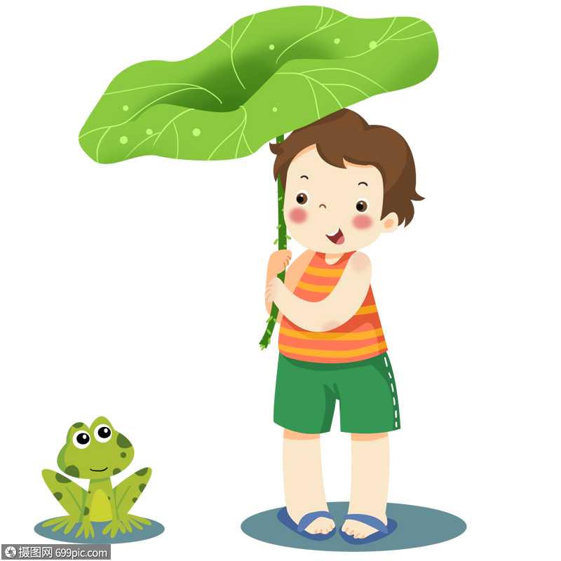 手拿荷叶遮阳的小男孩