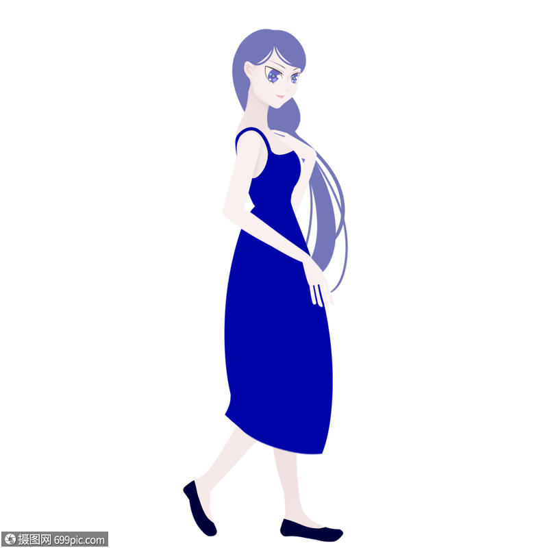 蓝长裙女孩侧面全身像