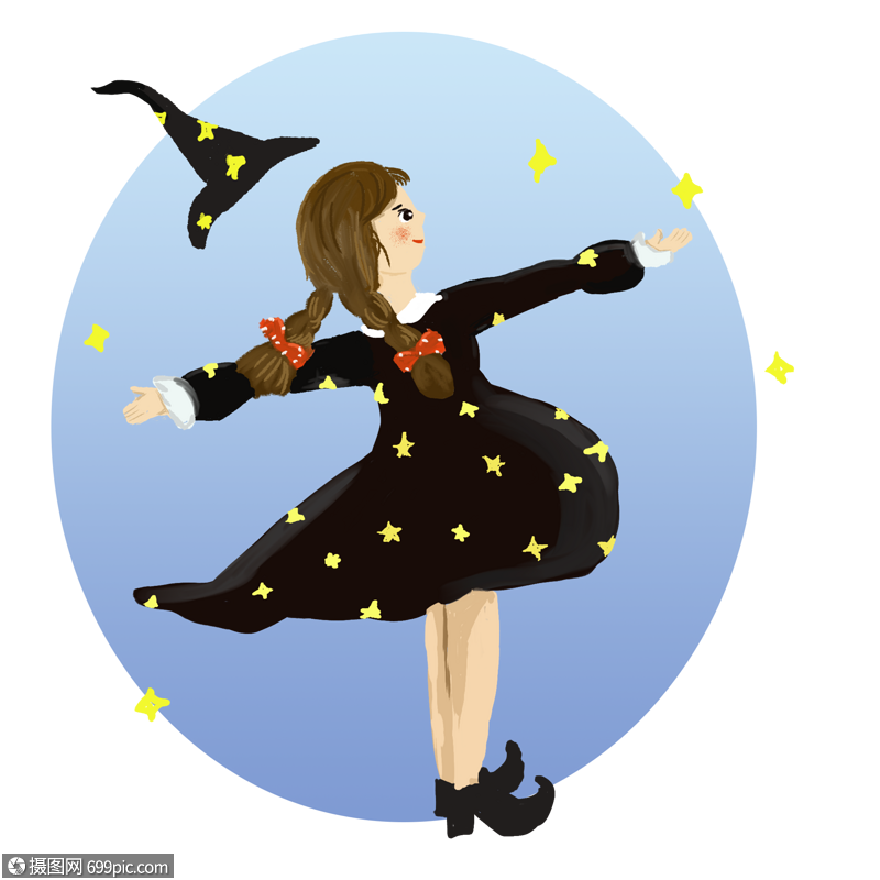 夏夜追星星的马戏团女巫小女孩儿童素材