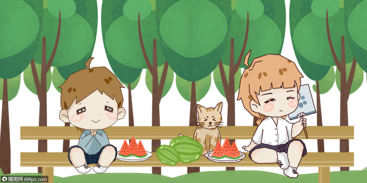 夏日两个人在树下乘凉吃西瓜炎热卡通