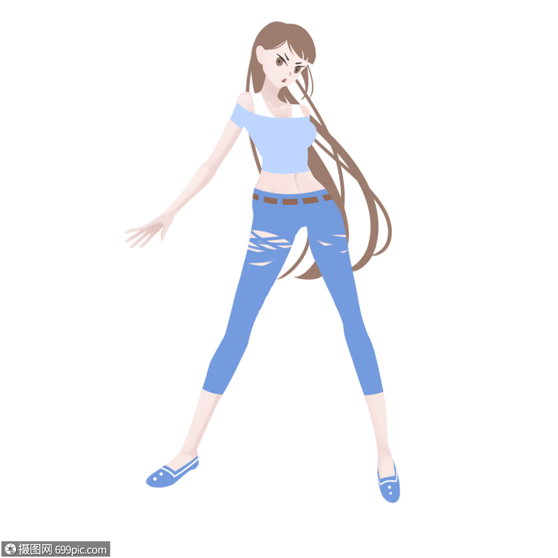 棕色长发破洞牛仔裤蓝色上衣美女