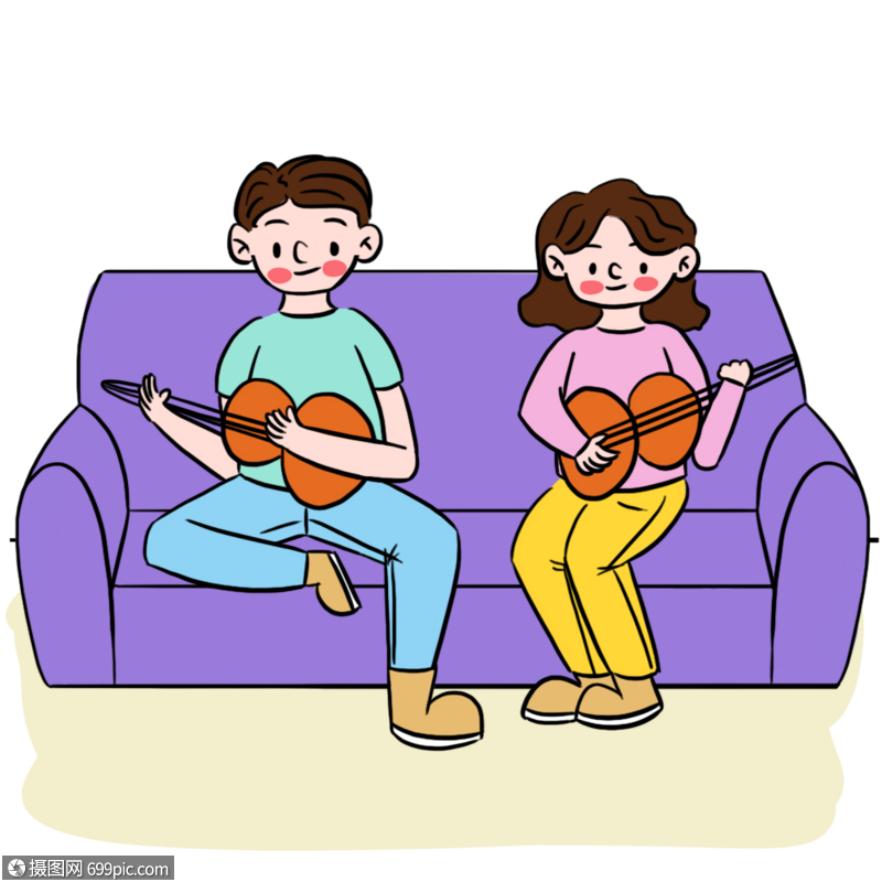 清新卡通情侣弹吉他场景