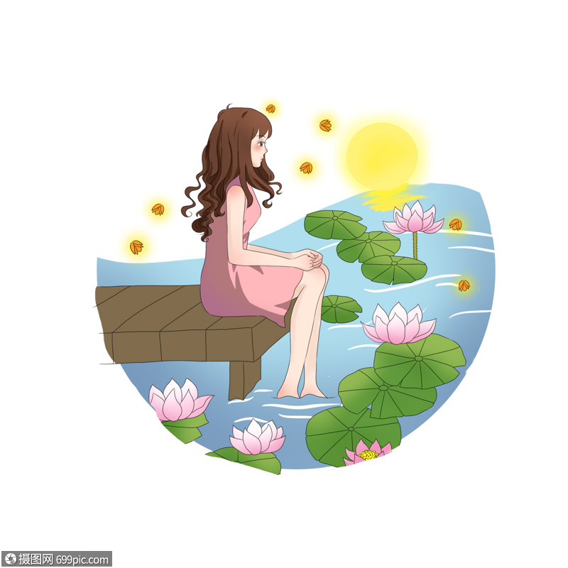 坐着赏荷的女孩荷花荷花池