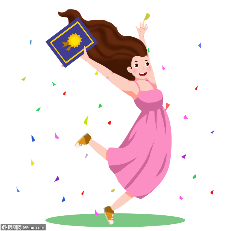 卡通手绘顺利毕业开心跳起的美丽女孩