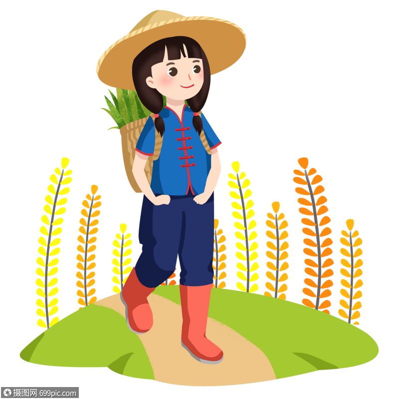 卡通手绘女孩背着草篮走在乡间小路上