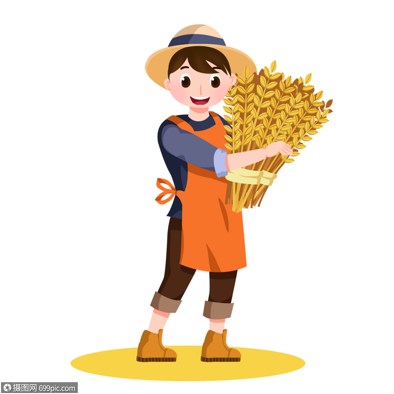 卡通手绘男孩田里开心收小麦