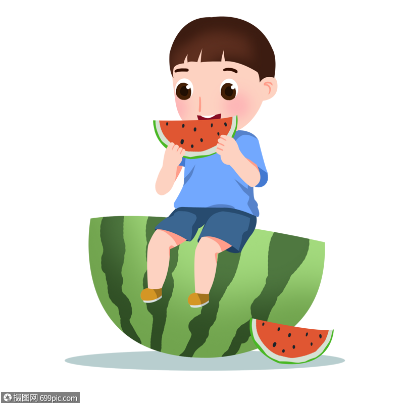 卡通手绘男孩开心吃西瓜