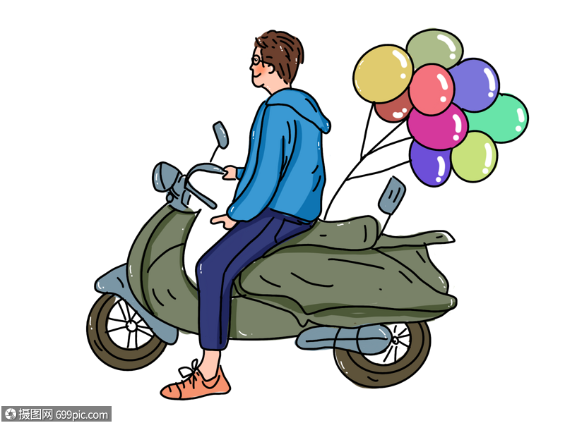 男生骑着车带着气球