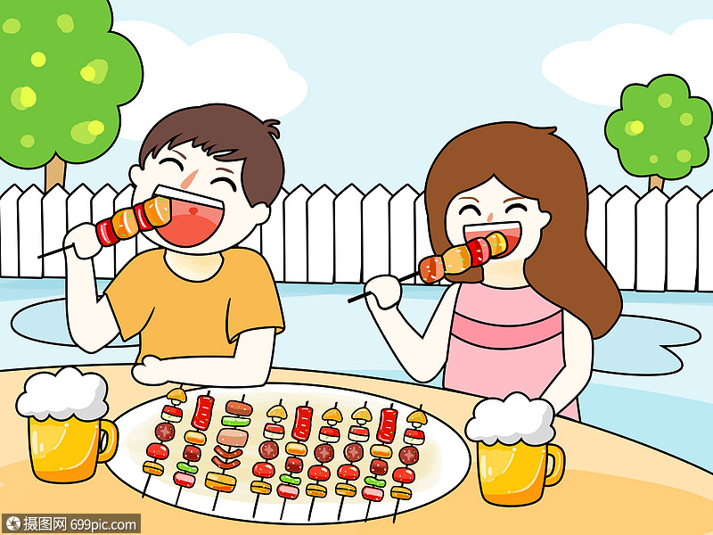 吃烧烤插画夏日撸串女生