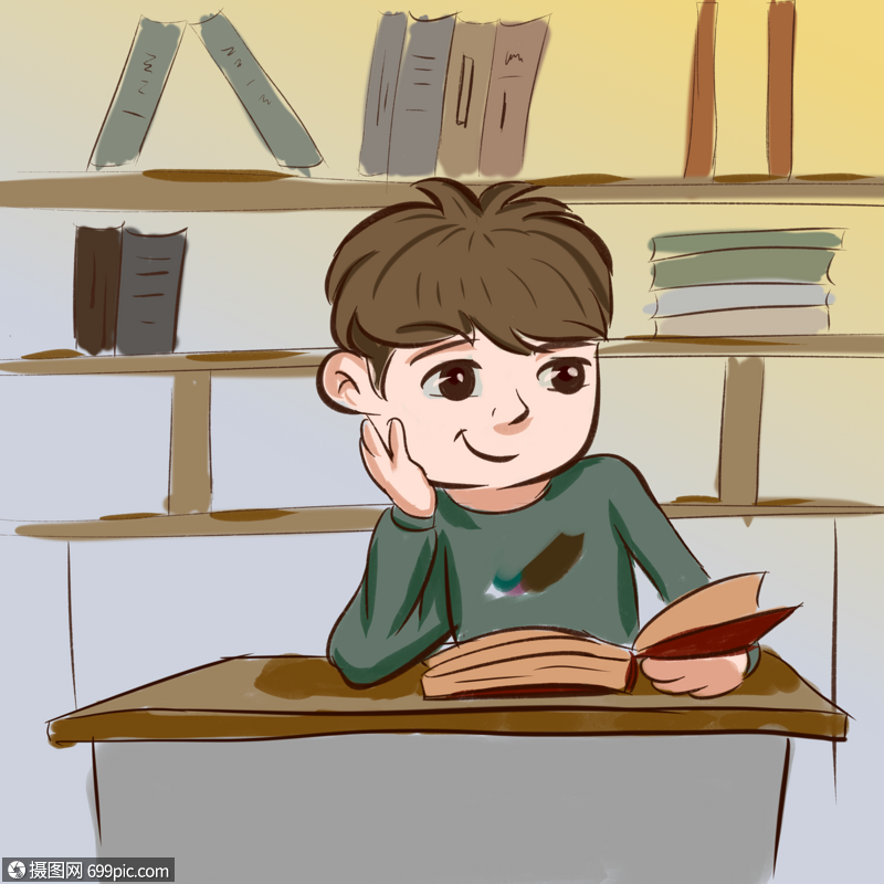 手绘卡通小男孩图书馆勤奋苦读挑灯夜战元素图案
