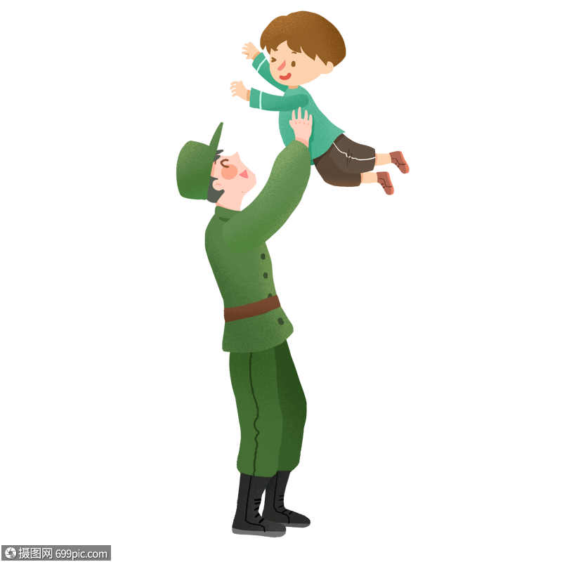 建军节抱起儿子的军人爸爸