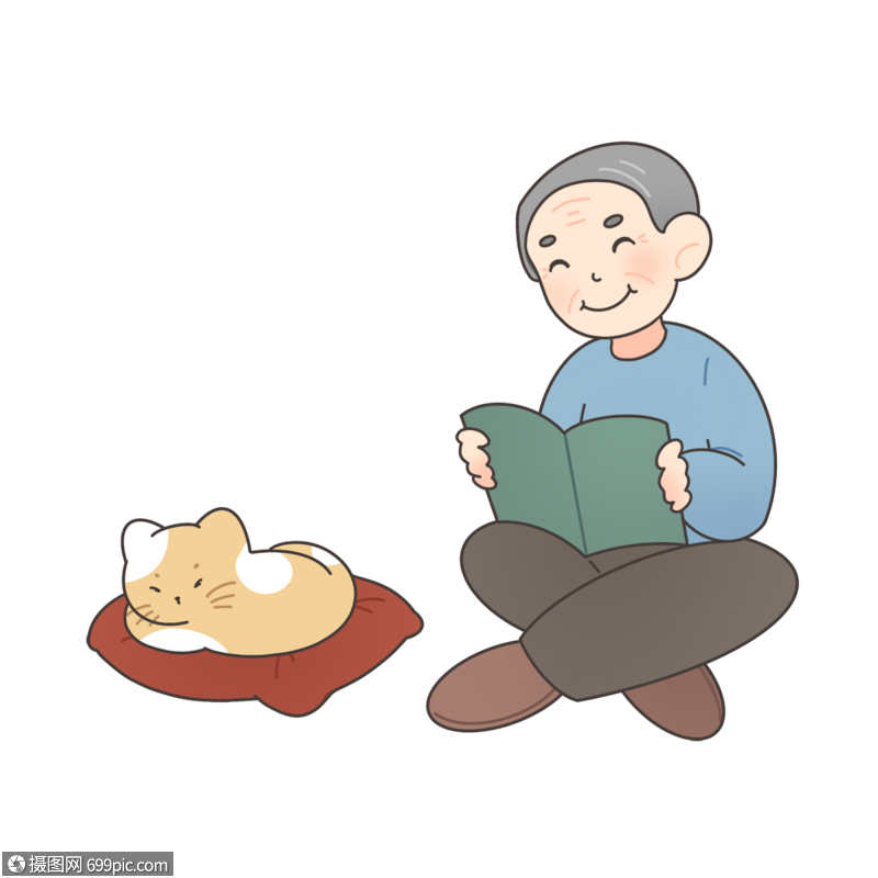 看书的爷爷和陪伴的小猫老人父亲