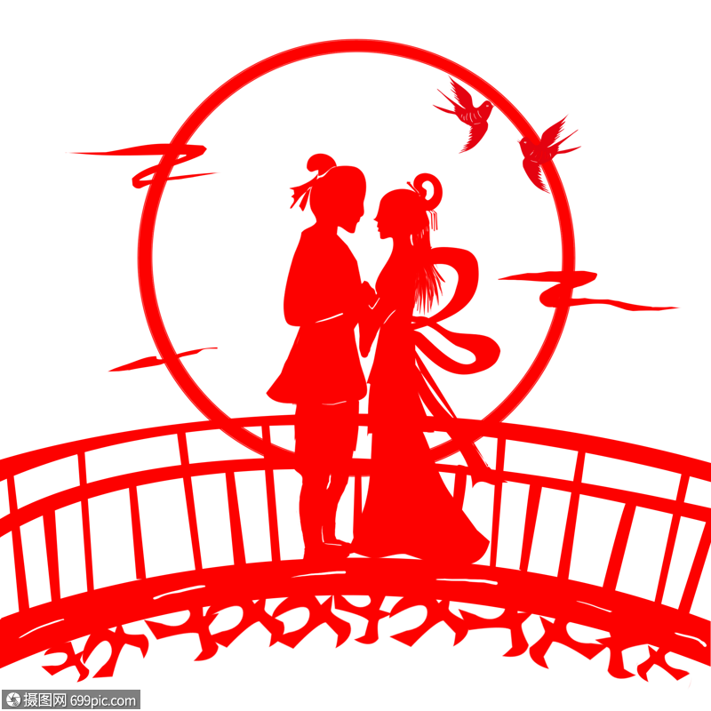 七夕牛郎织女相会剪纸元素素材