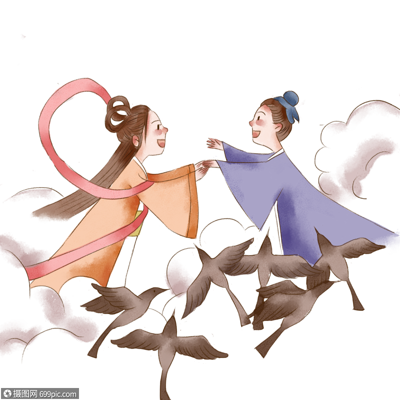 牛郎织女鹊桥相会水彩风格可爱卡通