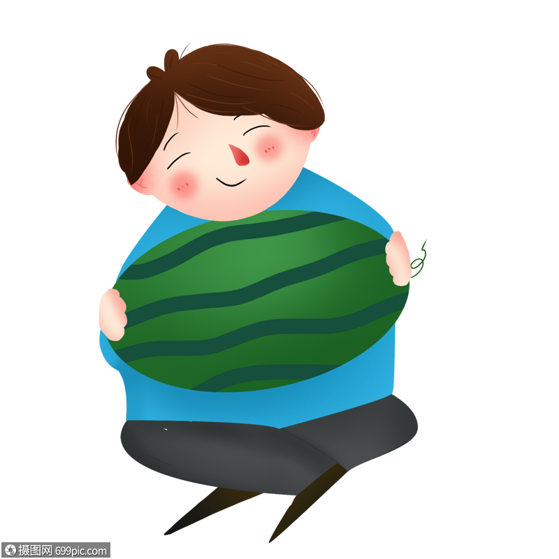 抱着西瓜的男孩卡通插图创意卡通