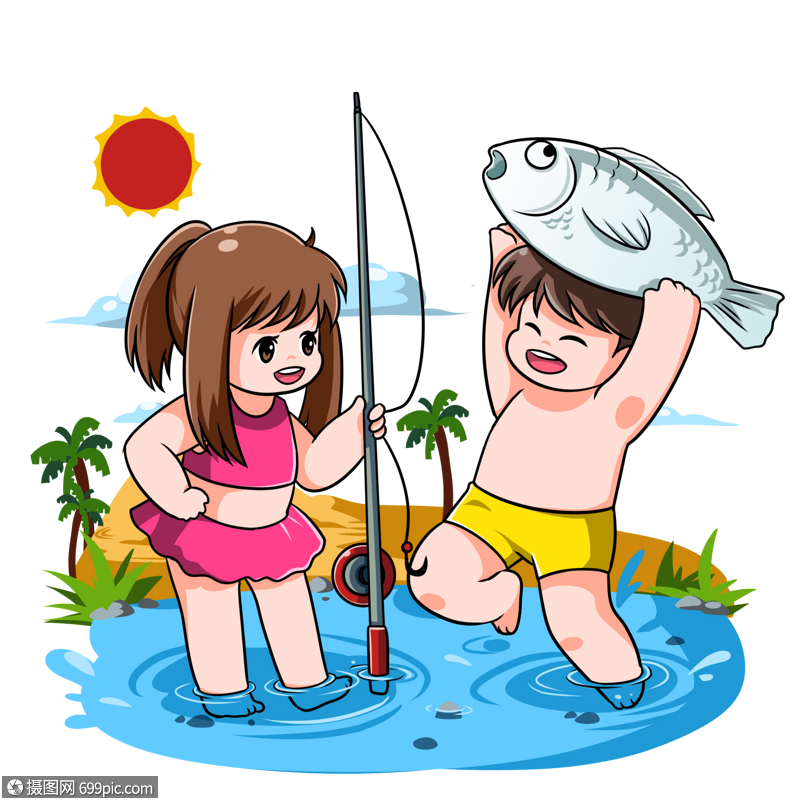 钓鱼的情侣对象手绘情侣