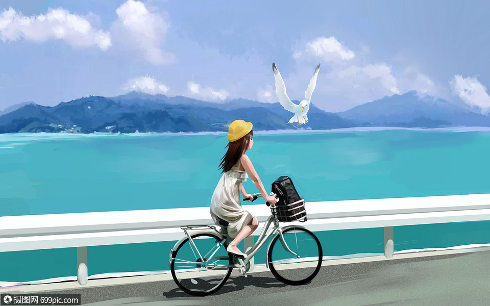 夏日海边骑行人物蓝天