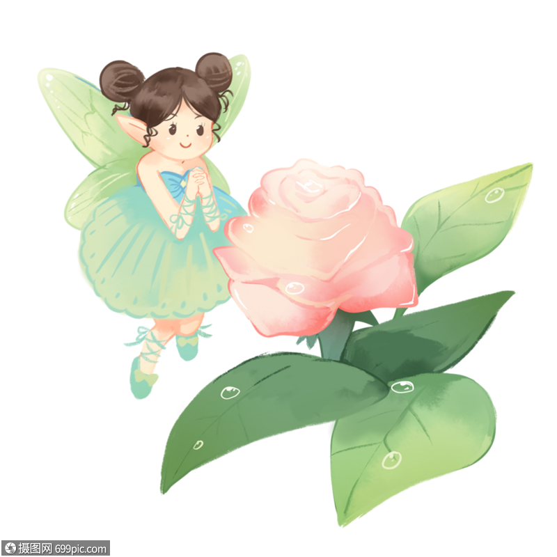 小精灵与玫瑰花花卉清新