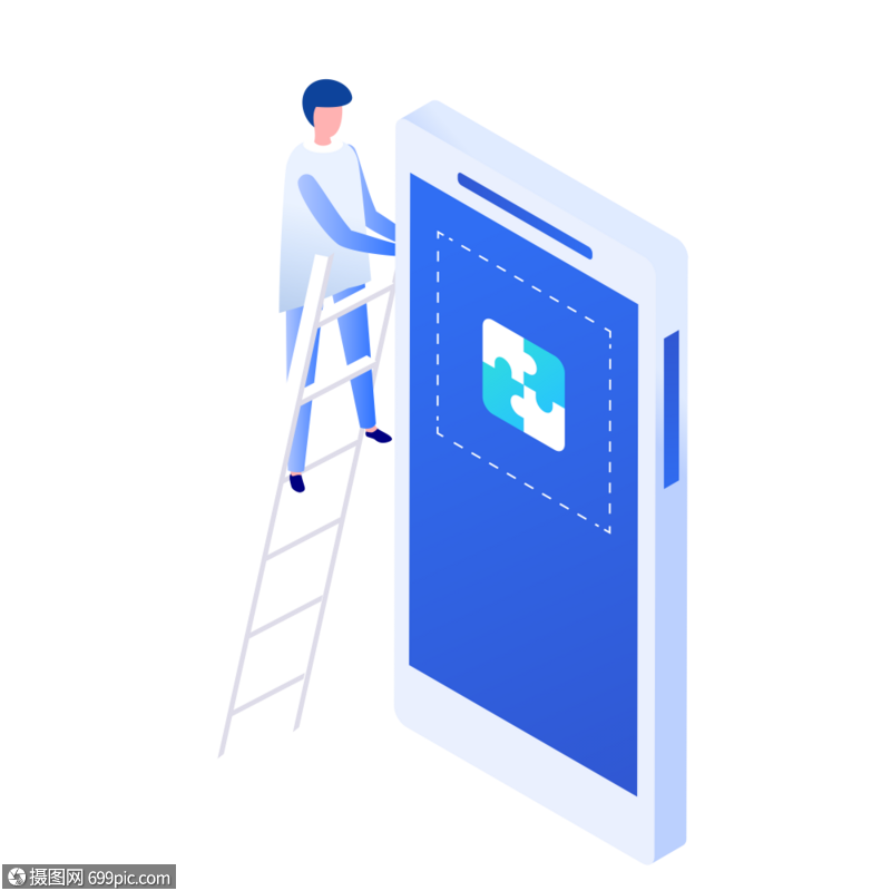 男人用梯子爬上手机整理数据