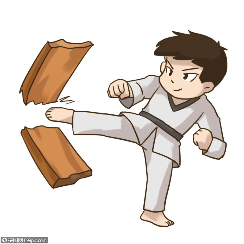 男孩踢断木板黑带免抠