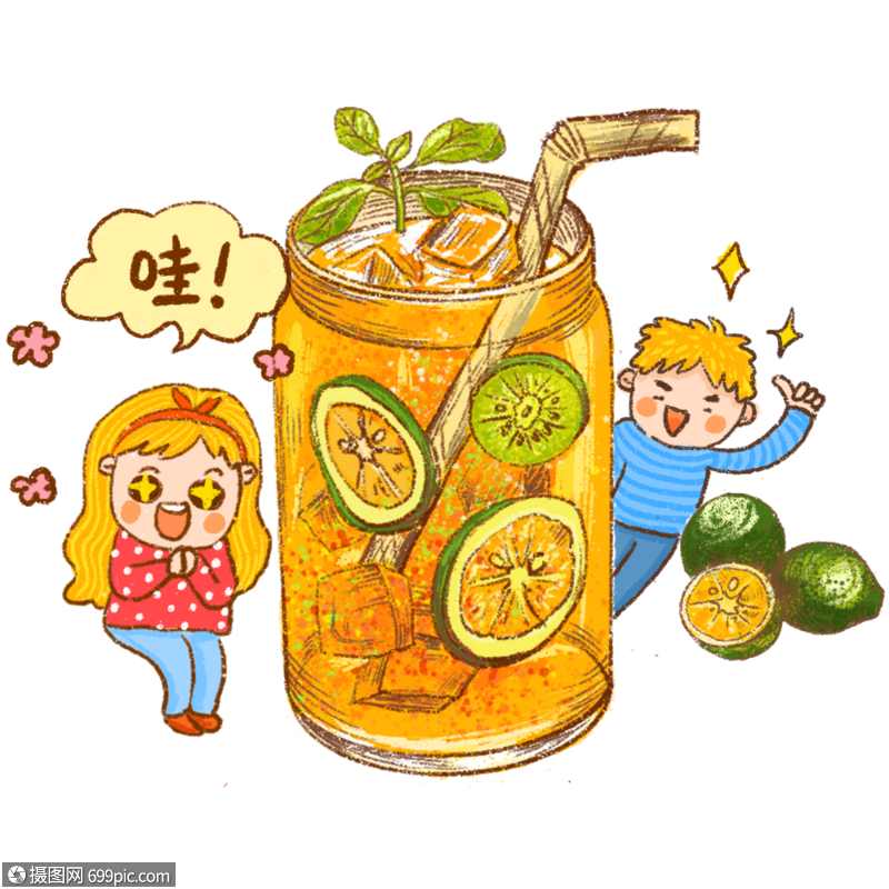 冷饮饮料水果茶百香果汁青柠檬手绘插画人物卡通