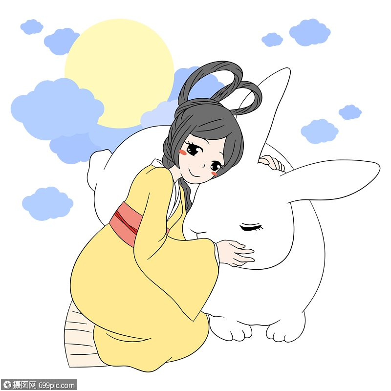 中秋节古装美女元素嫦娥和玉兔中国传统节日大兔子