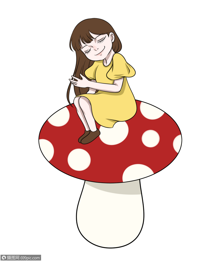 小小的坐波点蘑菇上的小女孩