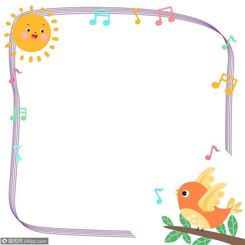 免抠元素 手绘/卡通元素 手绘可爱小鸟歌唱装饰花边边框.psd