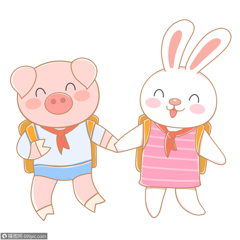 免抠元素 手绘/卡通元素 开学了小猪和小兔手牵手去上学.psd