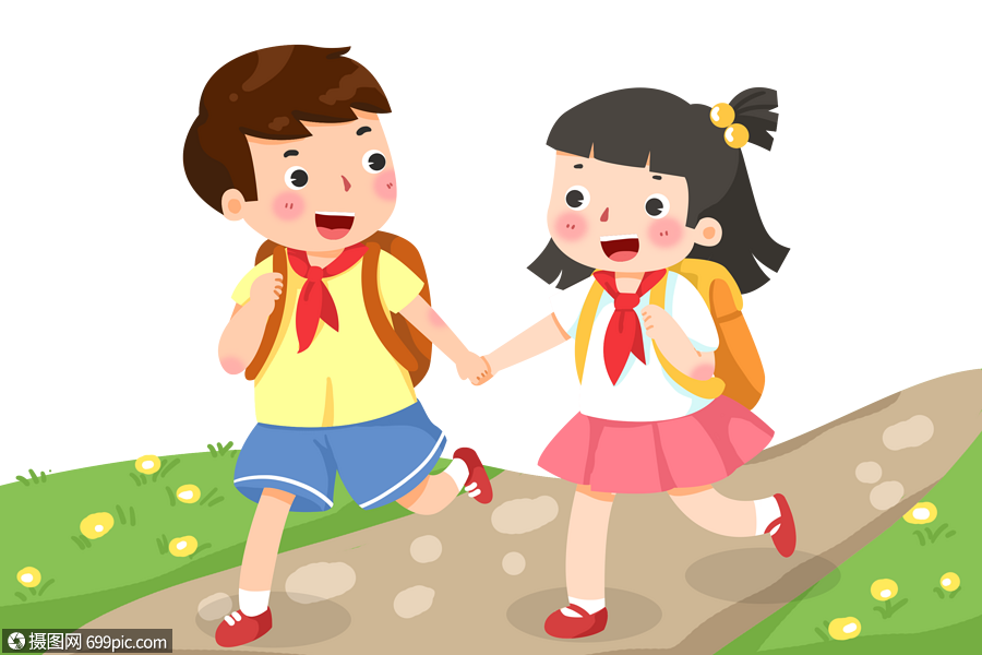 手绘开学手拉手区学校的小男孩和小女孩卡通上学