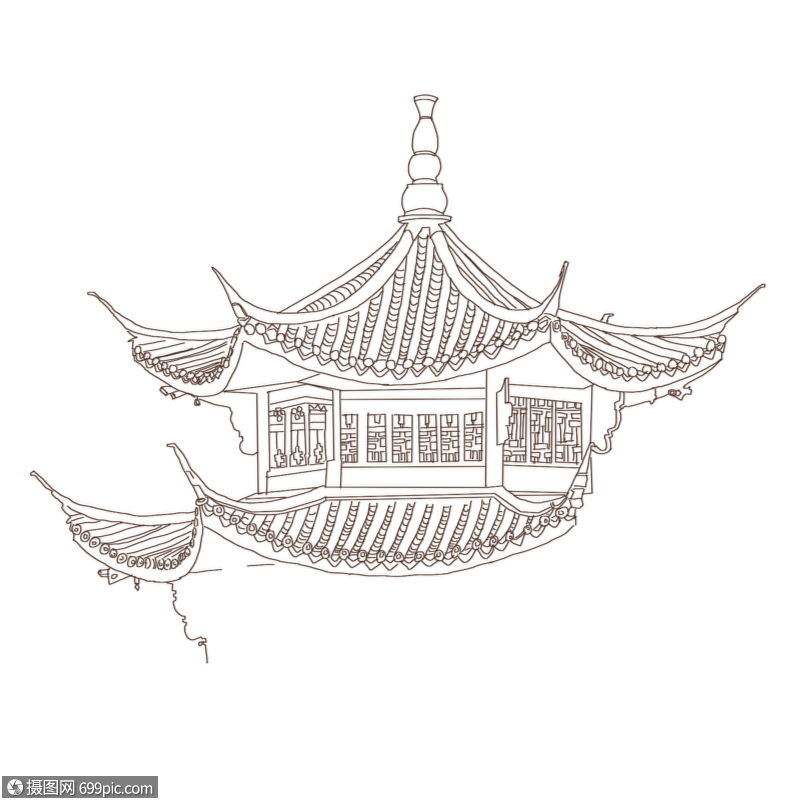 线描古风建筑