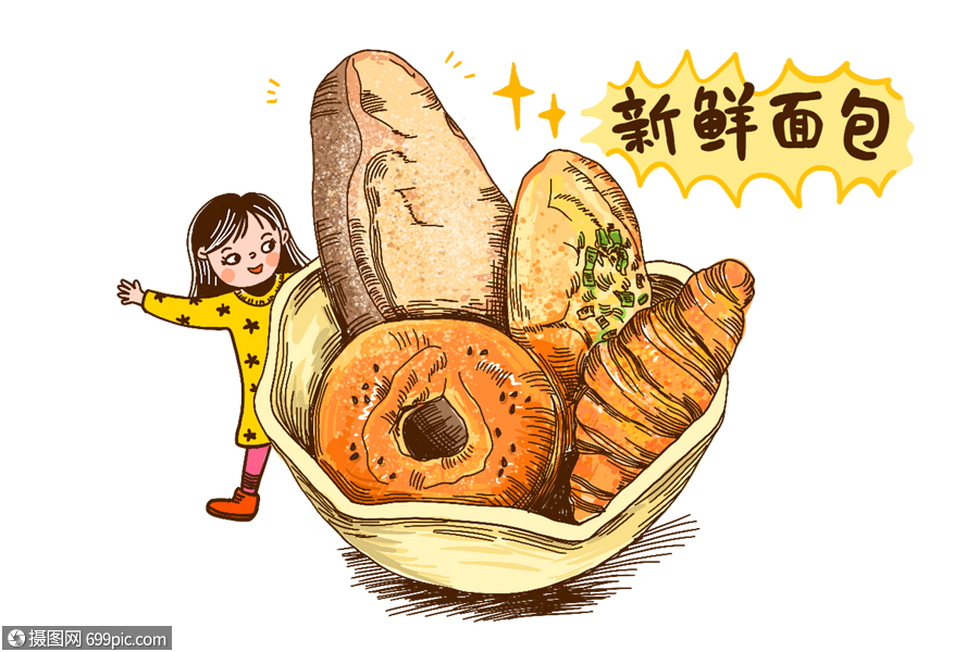面包美食烘焙手绘线描插画人物卡通可爱