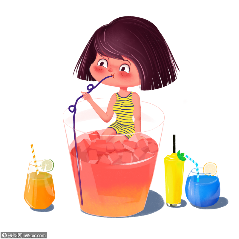 坐杯子里喝果汁的女孩热云彩